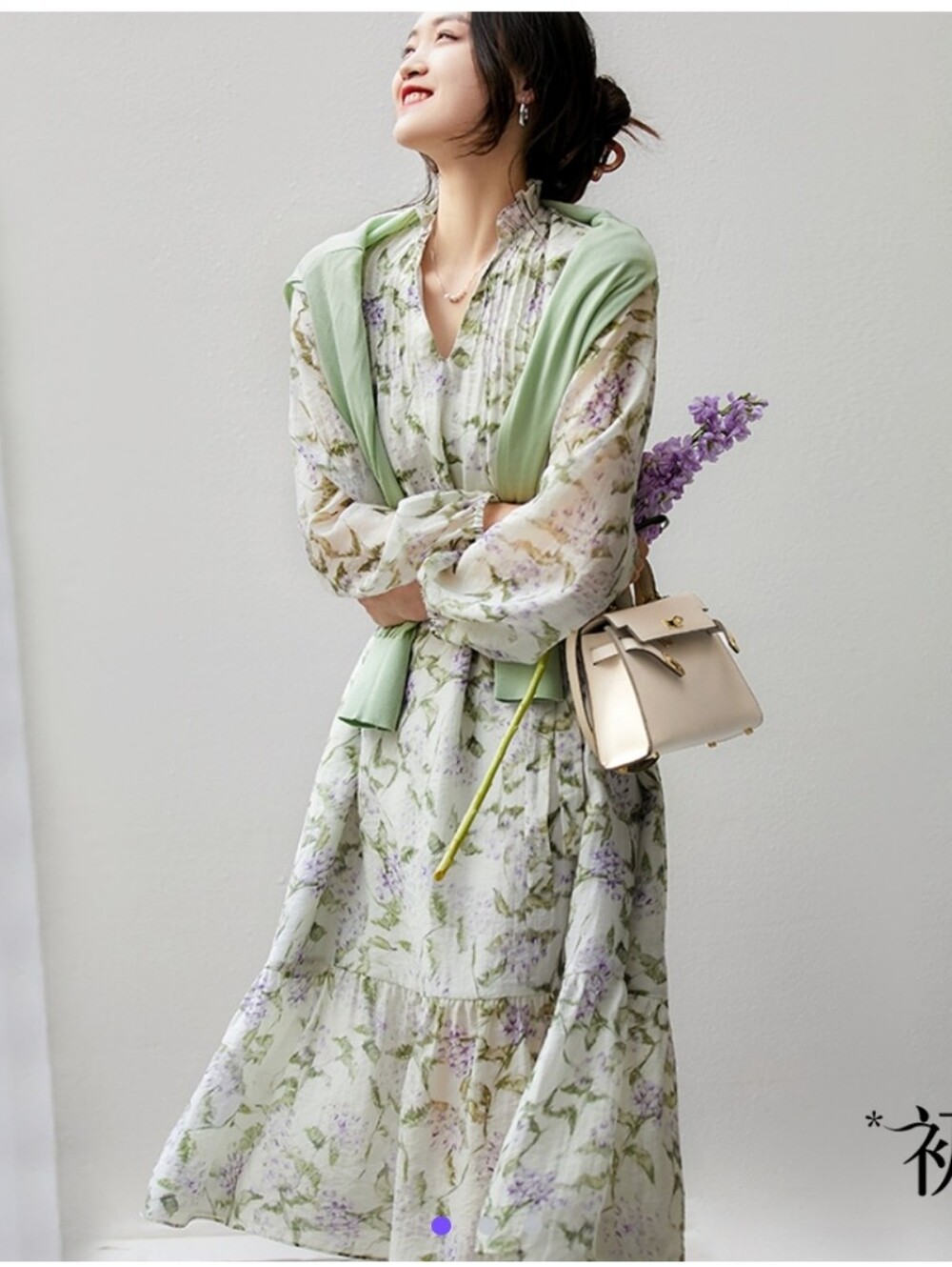Floral V-neck Tie-waist Dress Romantic Flowy Maxi Long Sleeve Feminine Coquette